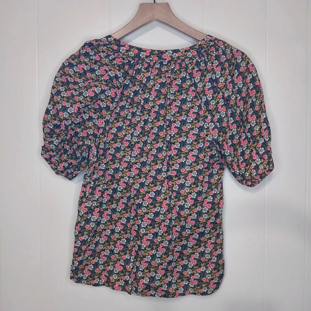 LOFT Green Floral Puff Sleeve Top 100% Cotton